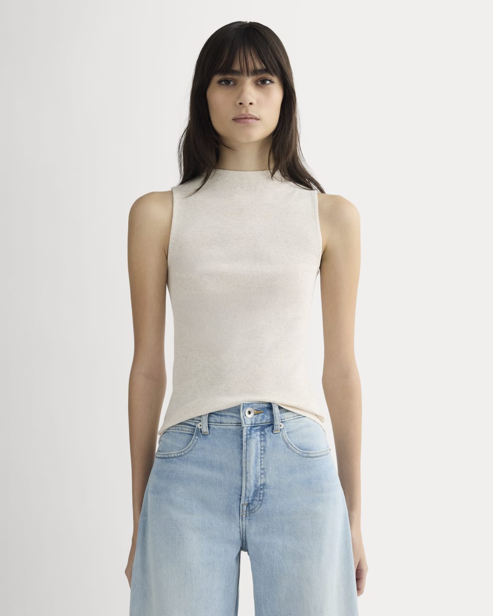 The Luxe Rib Funnel-Neck Tank in Heathered Oat — front view