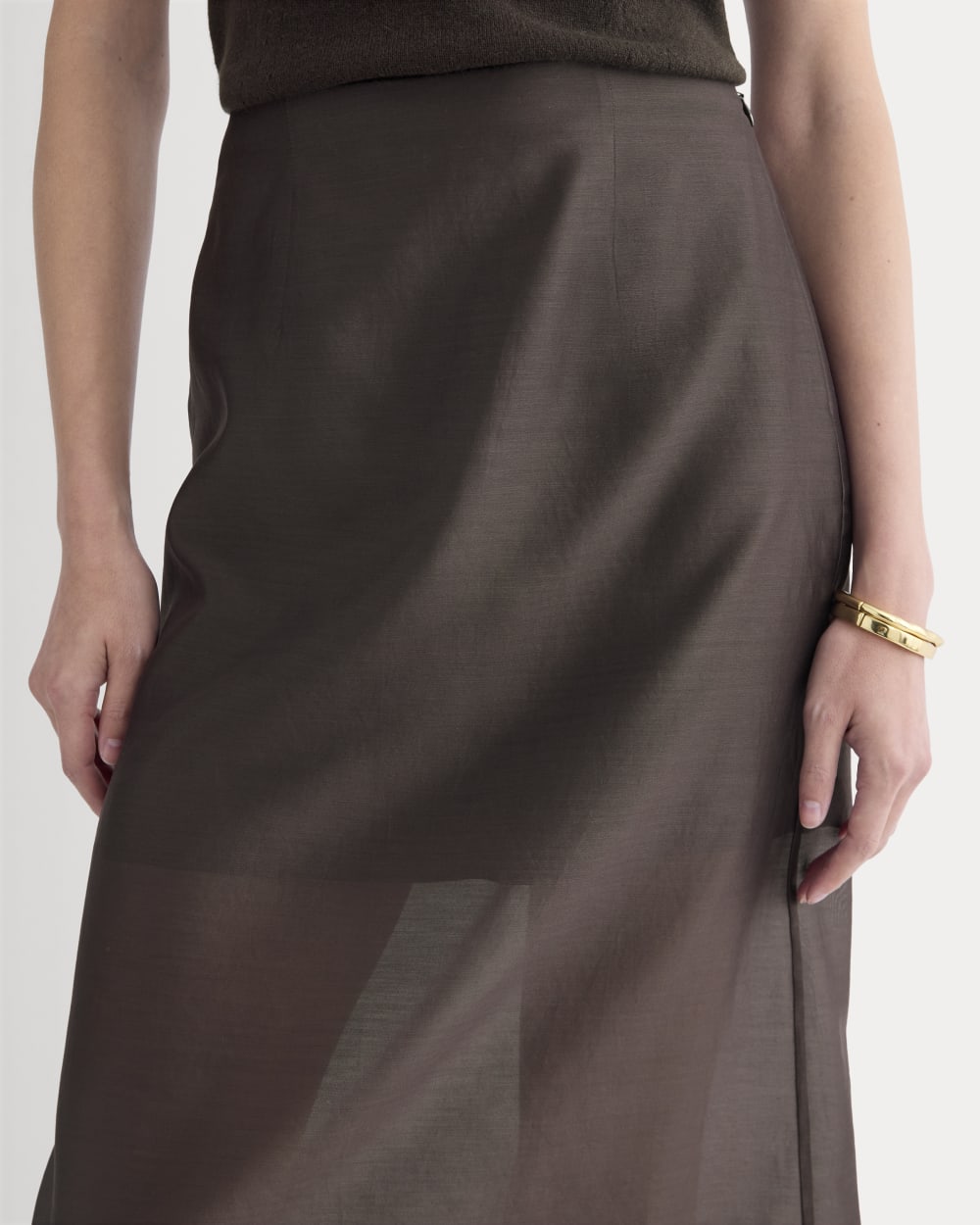 Midi Skirt in Cotton-Silk Organza in Dark Chocolate — detail view