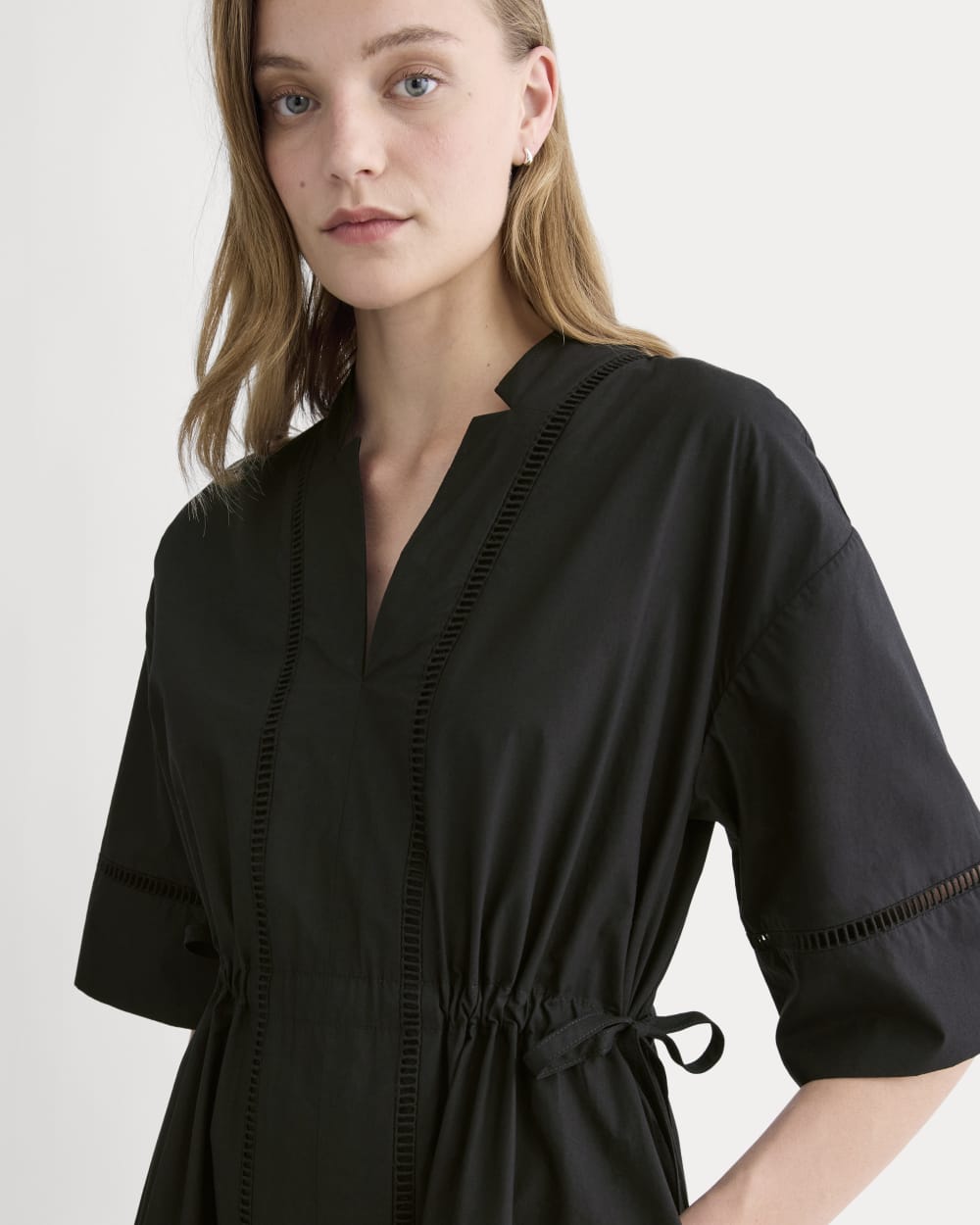 The Lace Trim Caftan Dress in Black — detail view