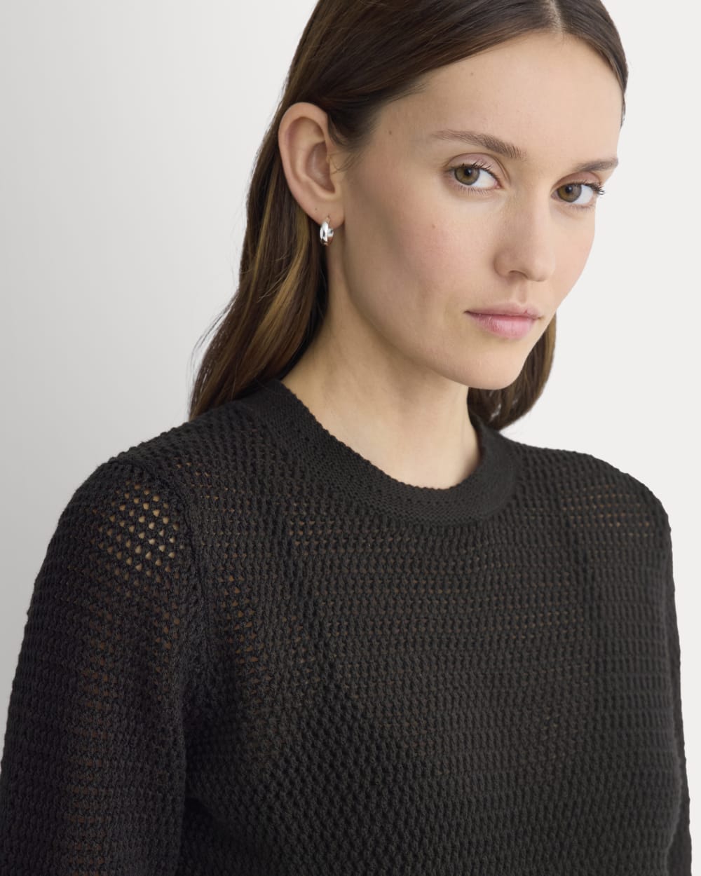 Open Knit Long-Sleeve Crew in Everyday Cotton in Black — detail view
