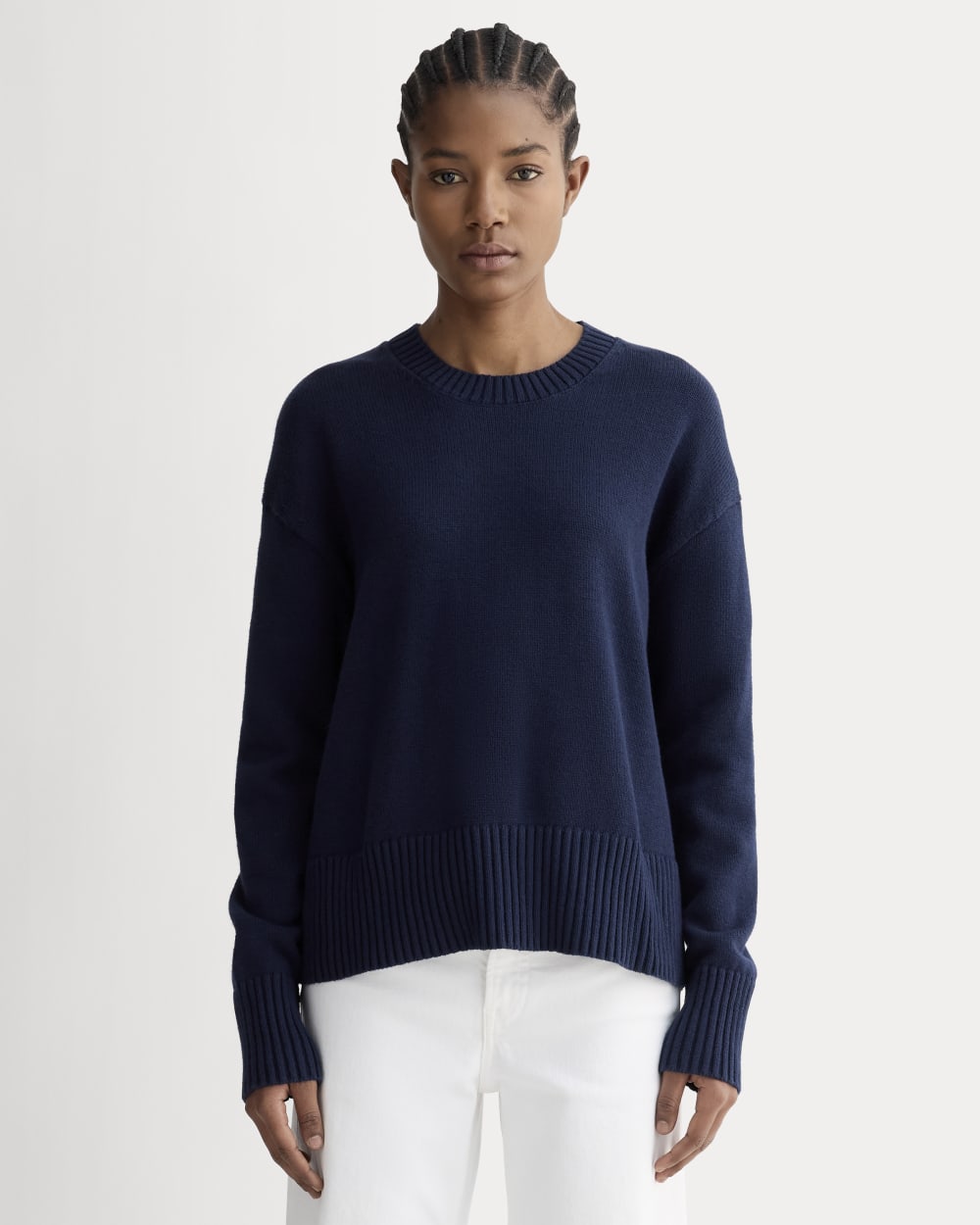 The Boxy Sweater in Everyday Cotton in Navy — front view