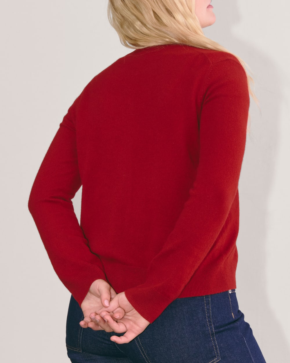 The Classic Cardigan in Cashmere in Berry Red — detail view