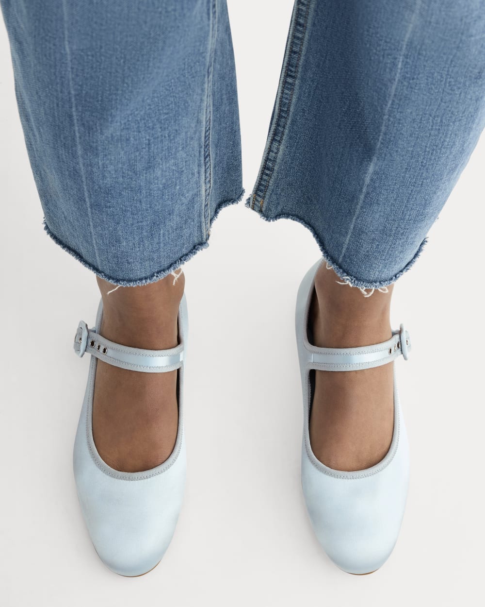 The Day Buckle Mary Jane in Robin Blue Satin — detail view