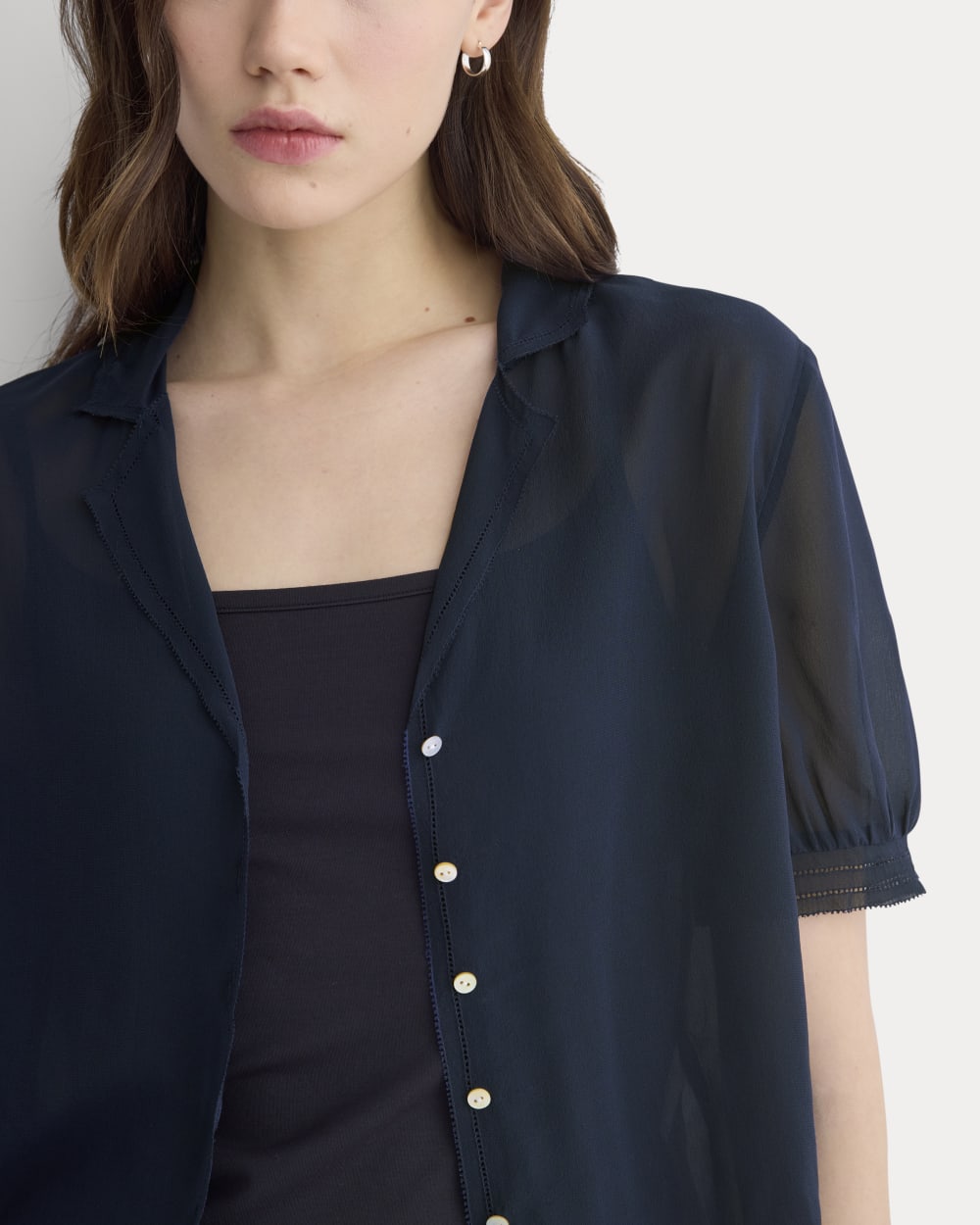 Notch Collar Shirt in Silk Georgette in Navy — detail view