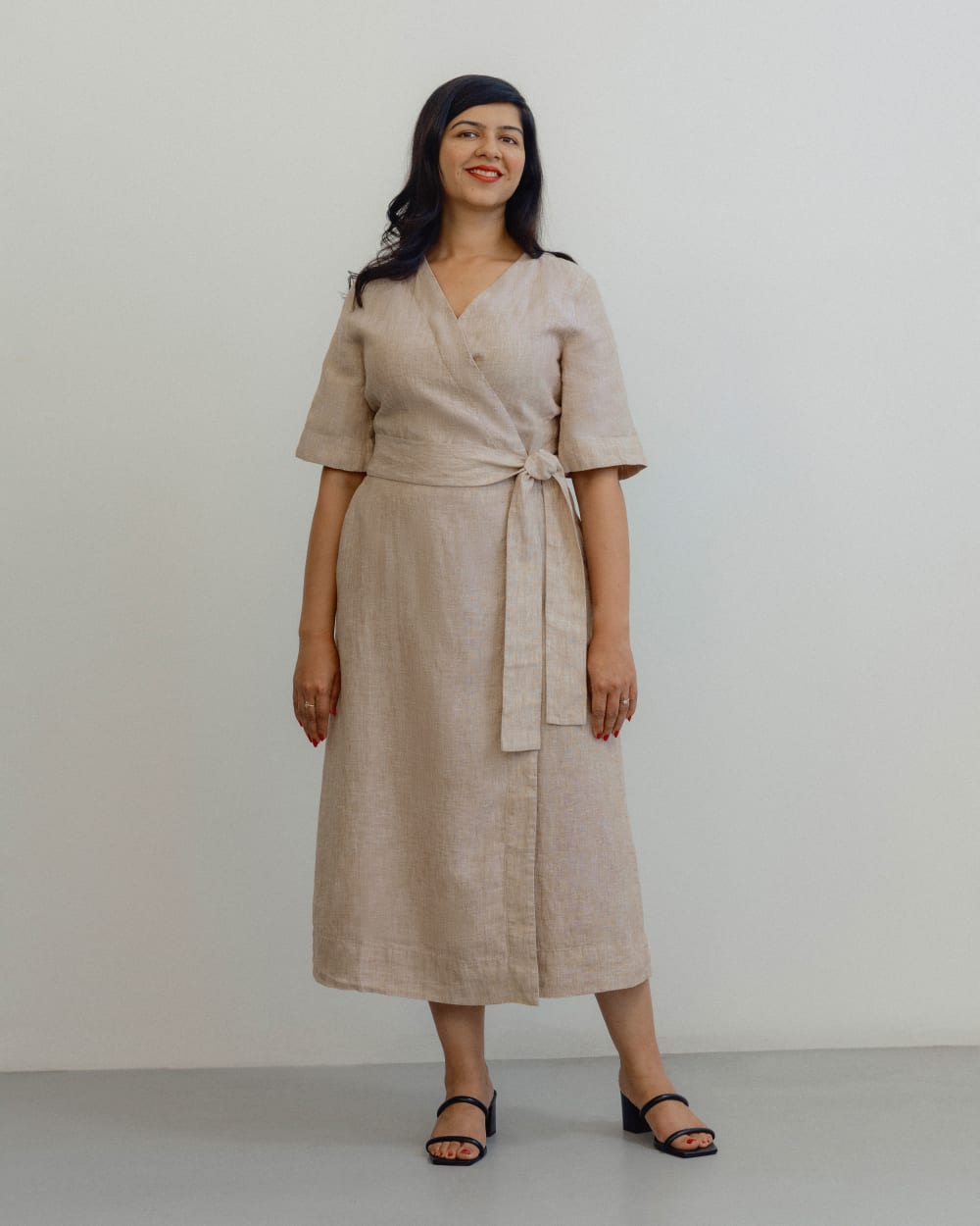 The Wrap Dress in Linen in Cornstalk Chambray — detail view