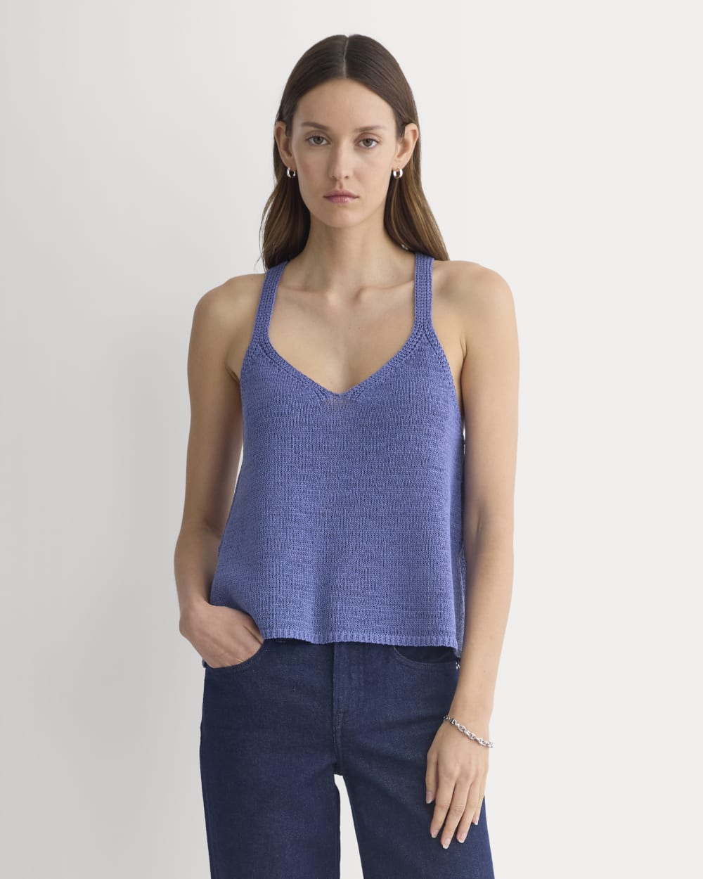 Racerback V-Neck Sweater in Blue Dusk — front view