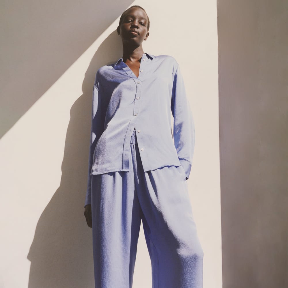The Satin Relaxed Shirt in Cornflower Blue — detail view