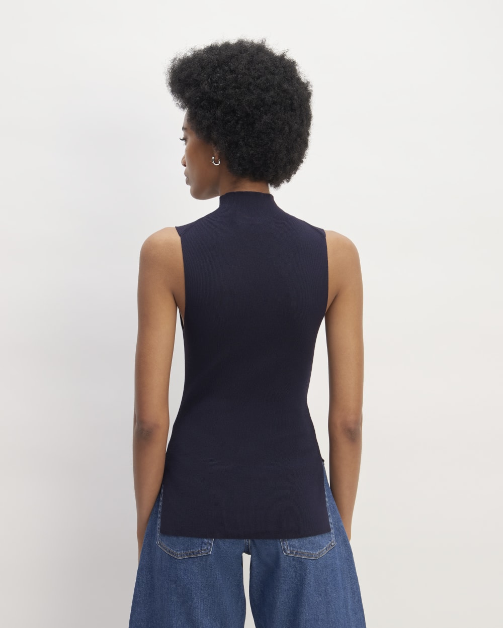 The Viscose Mock Neck Top in Navy — detail view