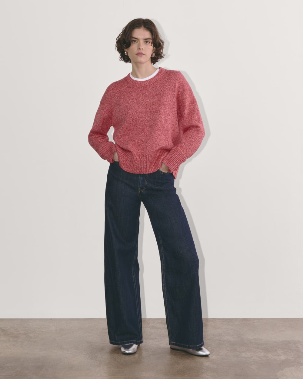The Boxy Sweater in Everyday Cotton in Pink Peony / Classic Red — detail view