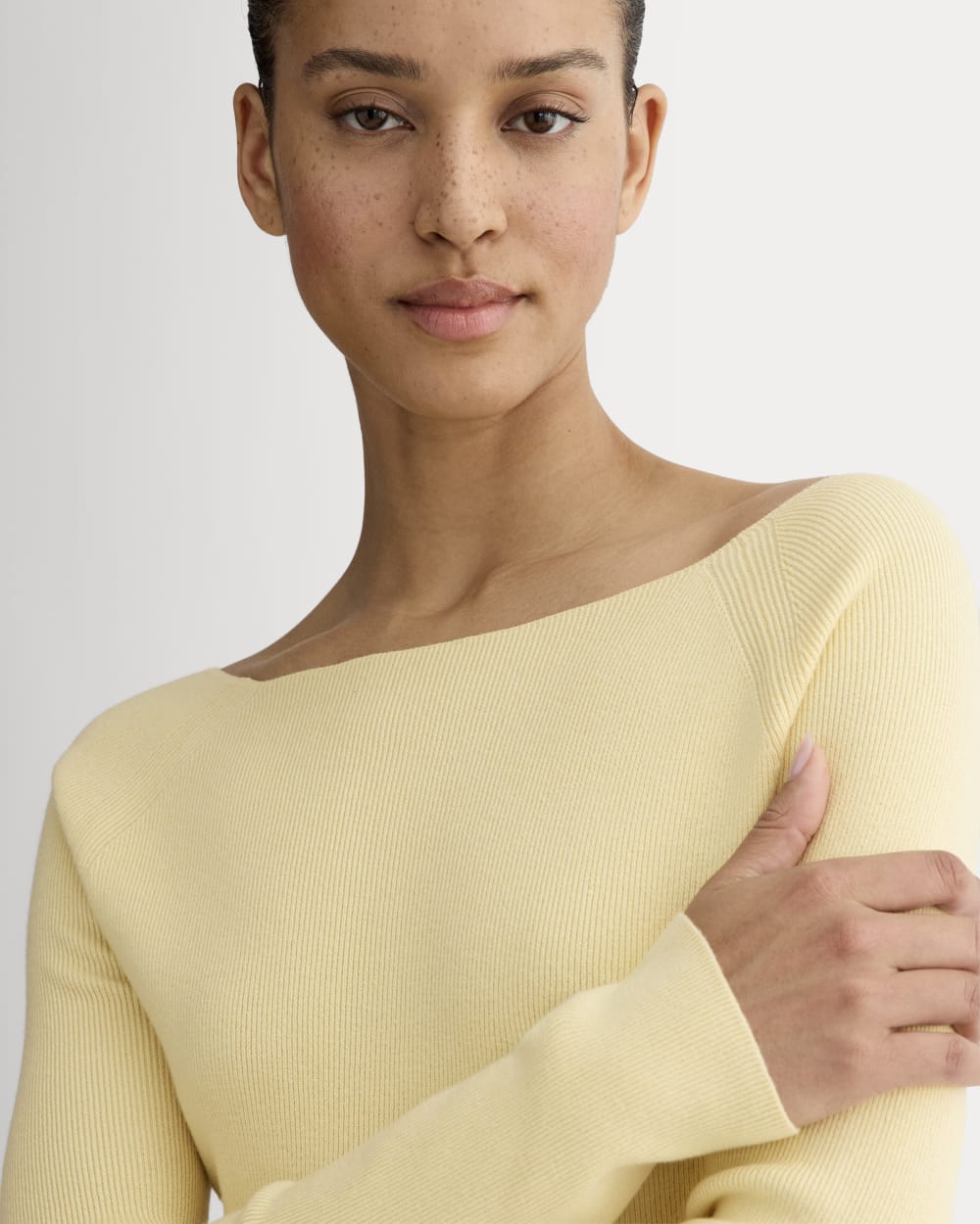 The Knit Boatneck Top in Banana Crepe — detail view