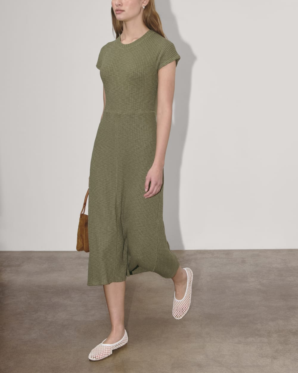 The Rib-Knit Cap-Sleeve Midi Dress in Kalamata — detail view