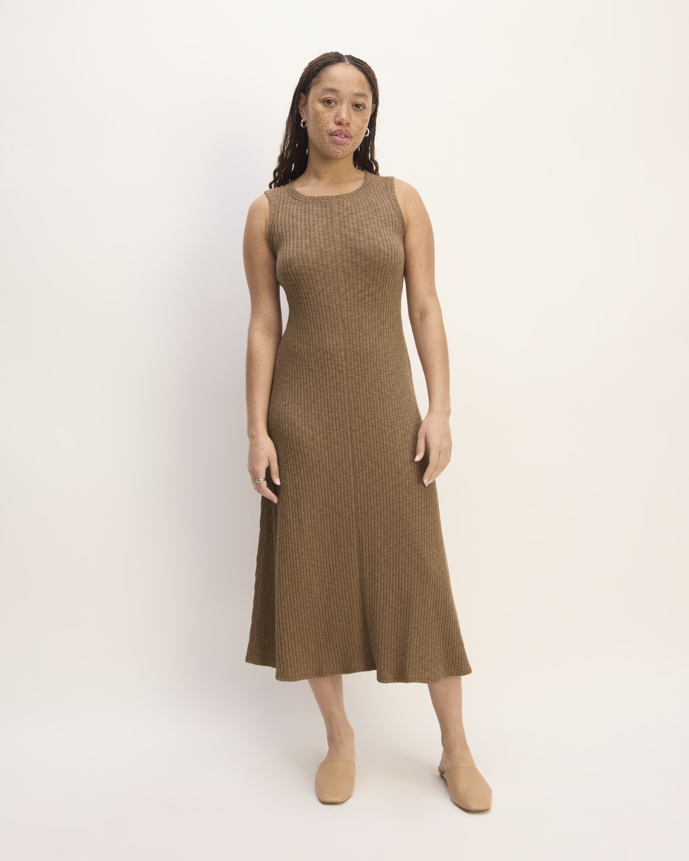 The Rib-Knit A-Line Tank Dress in Carob Brown — front view