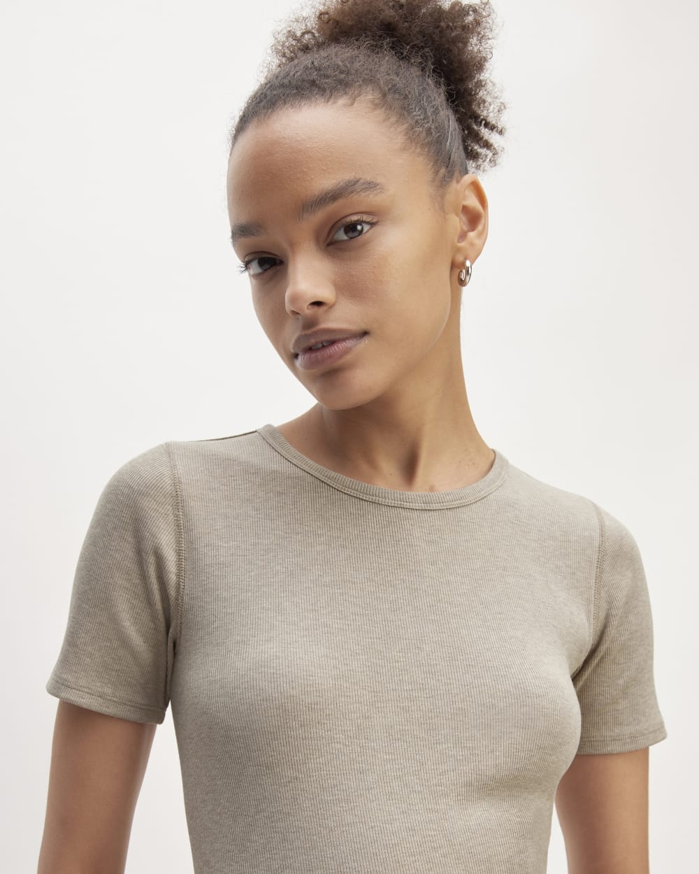 The Luxe Rib Crew in Heathered Tan — detail view