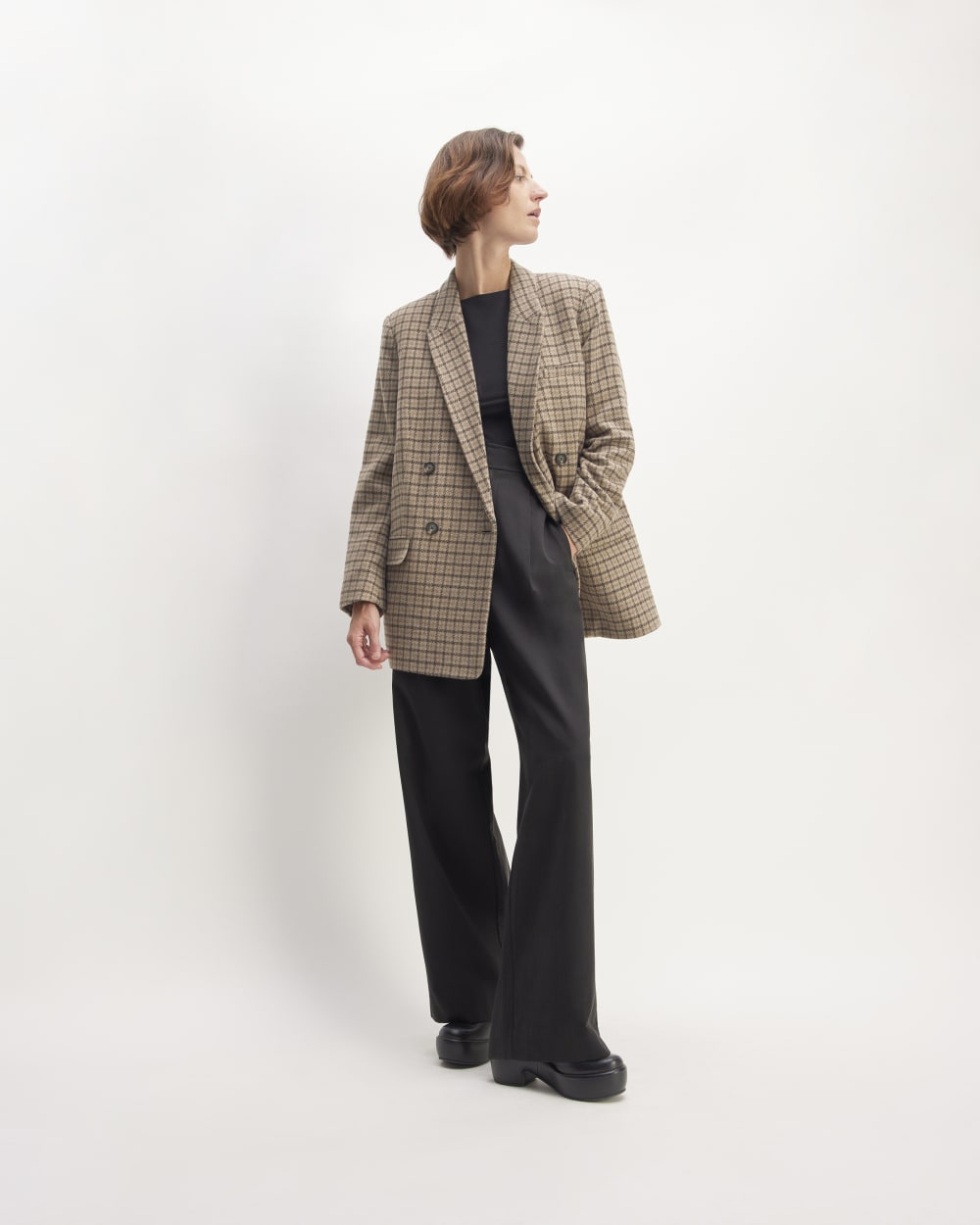 The ReWool® Double-Breasted Blazer in Beige Houndstooth — detail view