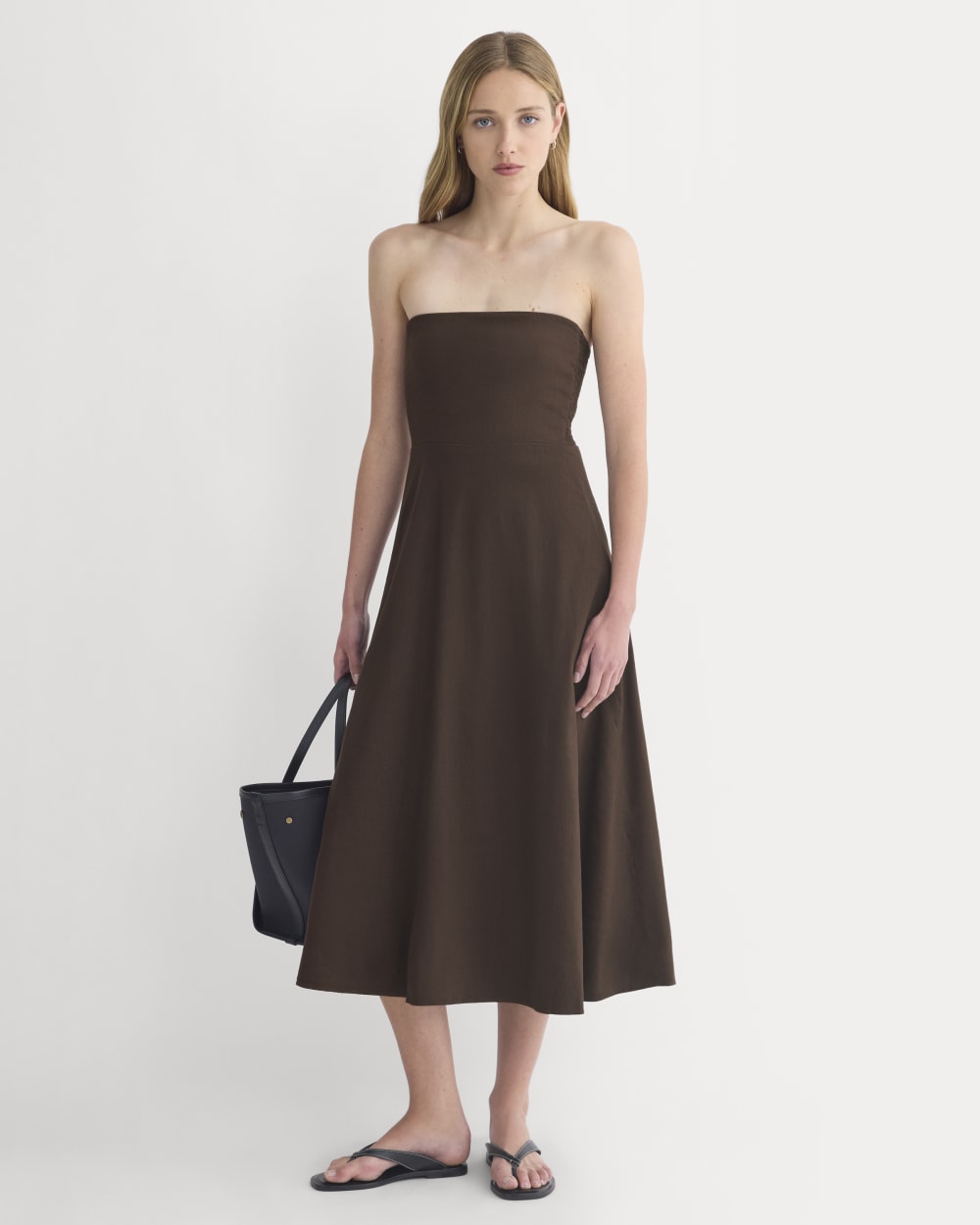 Strapless Dress in Stretch Linen in Dark Brown — front view