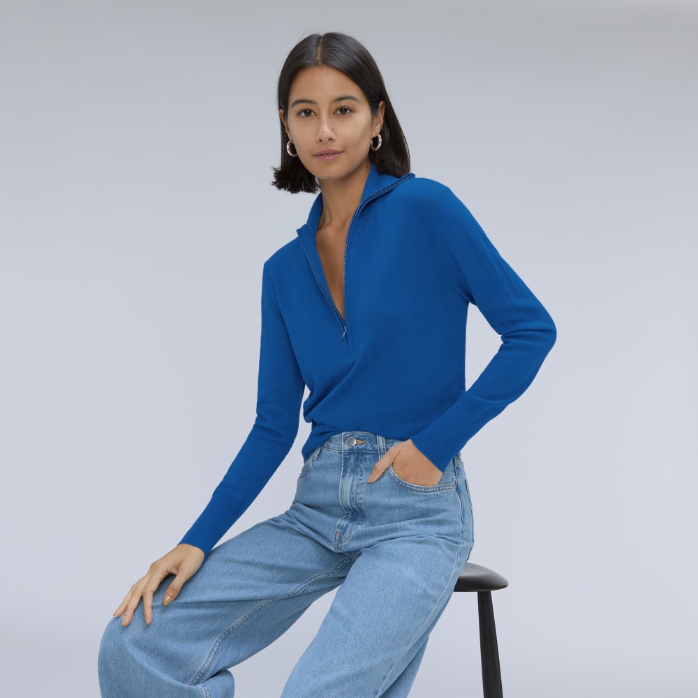 The Luxe Merino Half-Zip Sweater in Lapis Blue — detail view