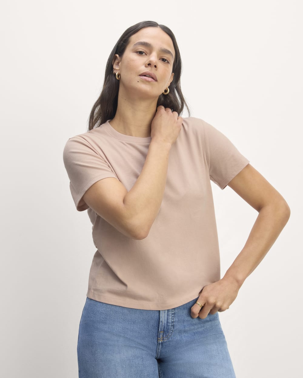The Box-Cut Tee in Essential Cotton in Rose Smoke — detail view