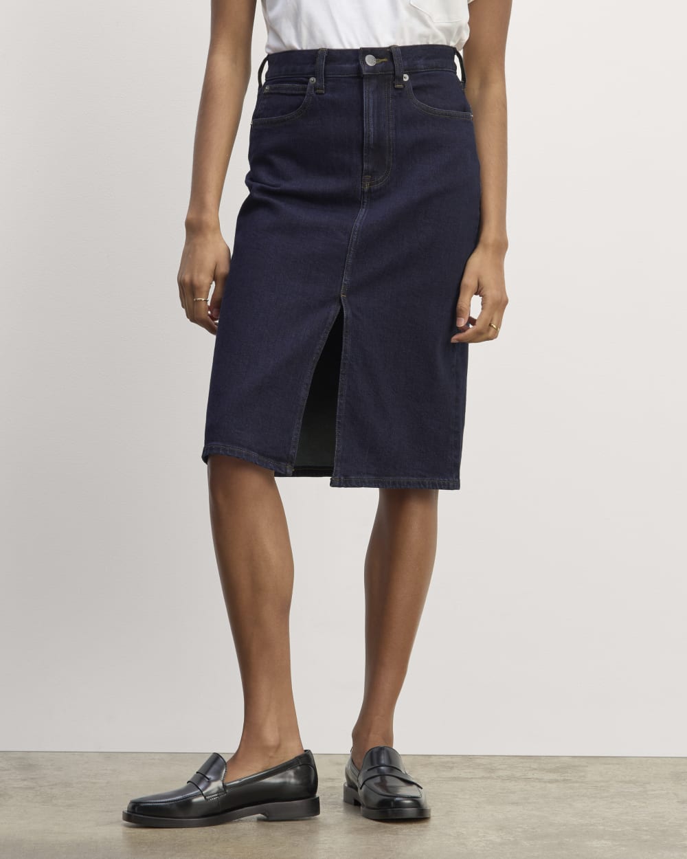 The Mid-Way Skirt in Deep Rinse — detail view
