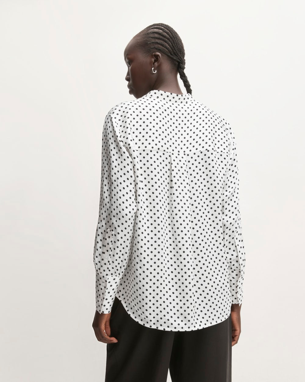 The Hammered Satin Popover Shirt in Bone / Black Polka Dot — detail view