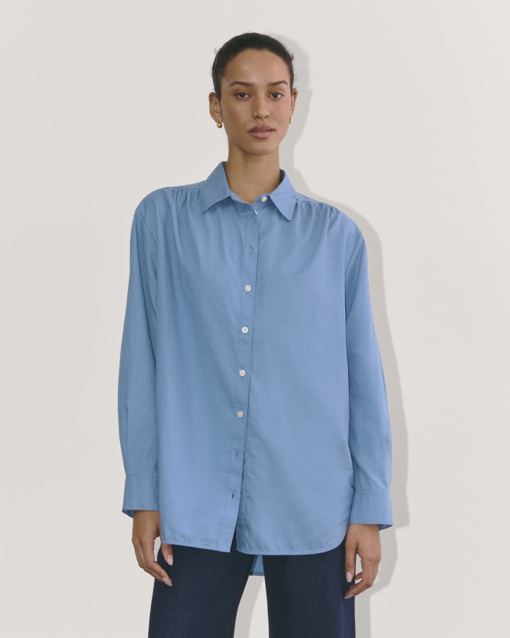 The Gathered Shirt in Silky Cotton in Bluebell — front view