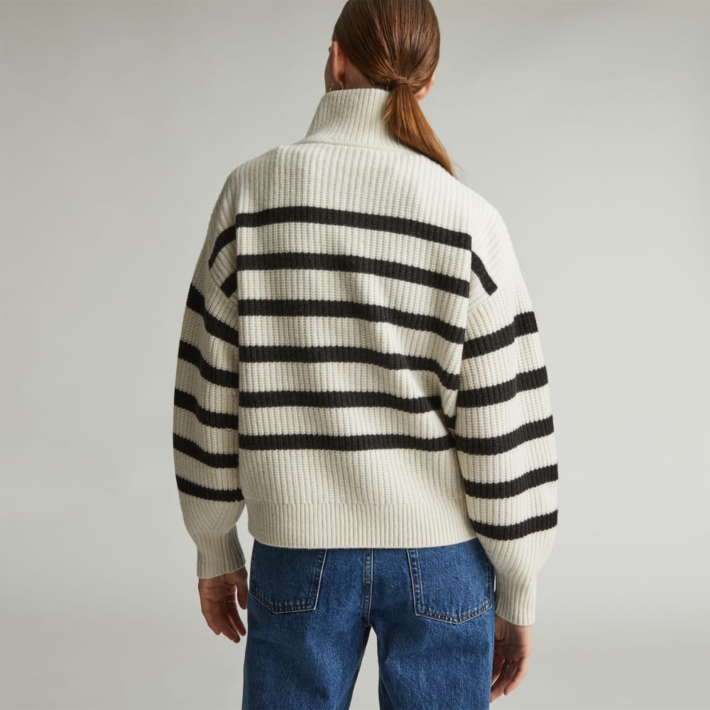 The Half-Zip Sweater in Luxe Merino in Bone / Black — detail view