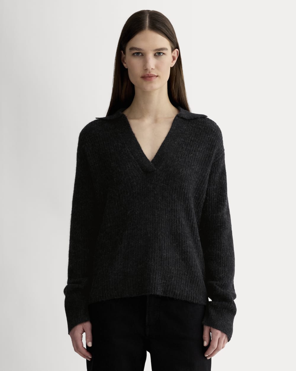 The Oversized Polo in Alpaca in Heathered Black — front view