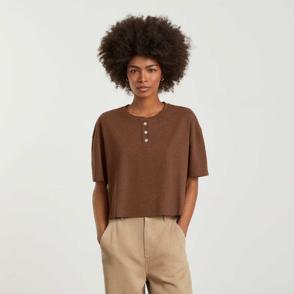 The Vintage Henley Hemp Tee in Espresso — detail view