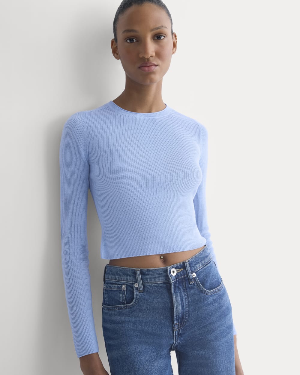 The Cropped Crew Top in Ultrafine Merino in Open Air Blue — front view