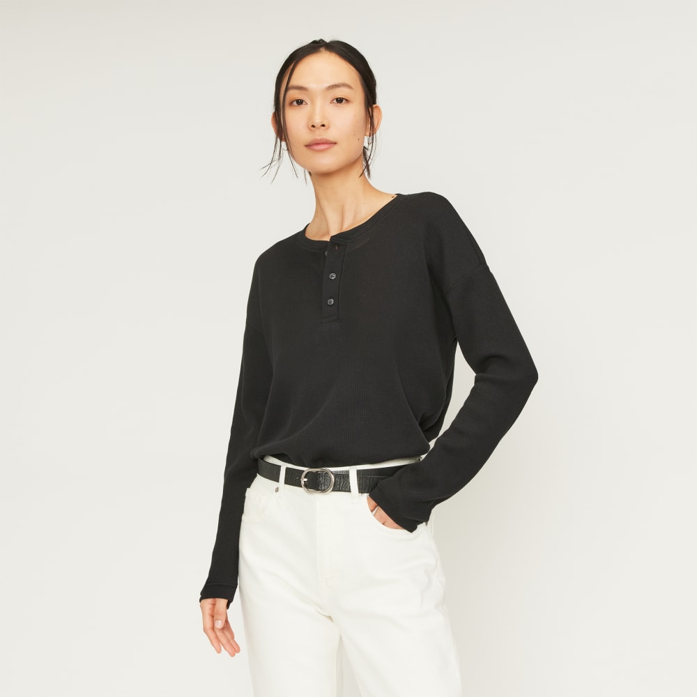 The Organic Cotton Waffle Henley in Black — front view