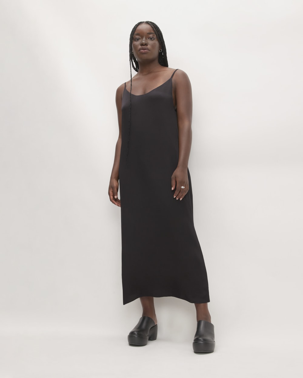 The Hammered Satin Slip Dress in Black — front view