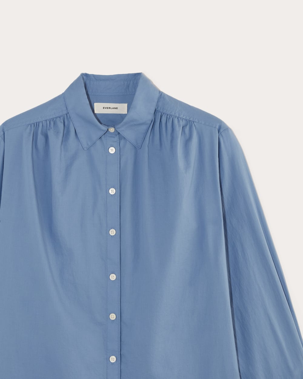 The Gathered Shirt in Silky Cotton in Bluebell — detail view