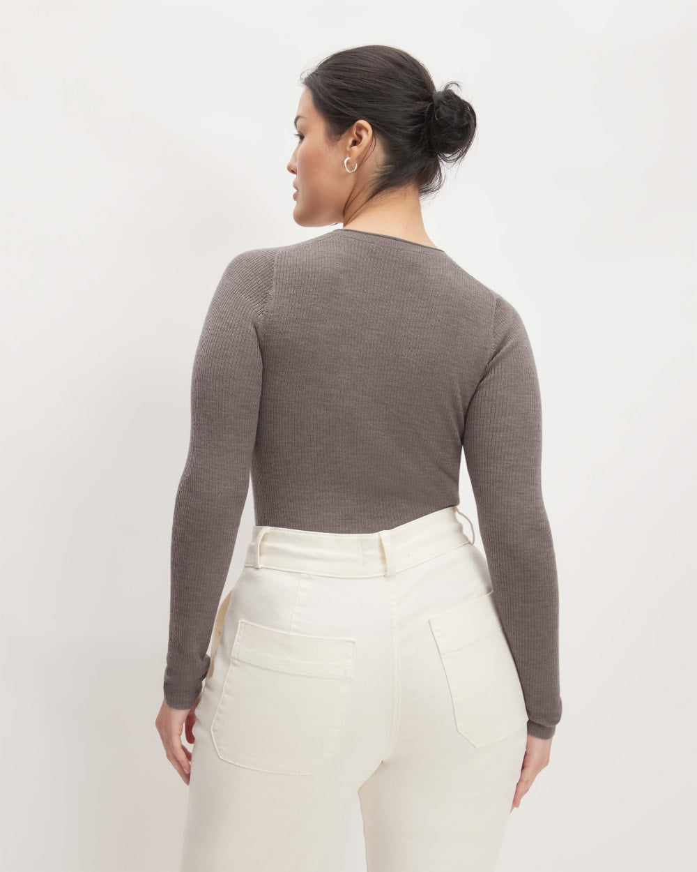 The Long-Sleeve Sweater Tee in Ultrasoft Merino in Heather Cocoa — detail view
