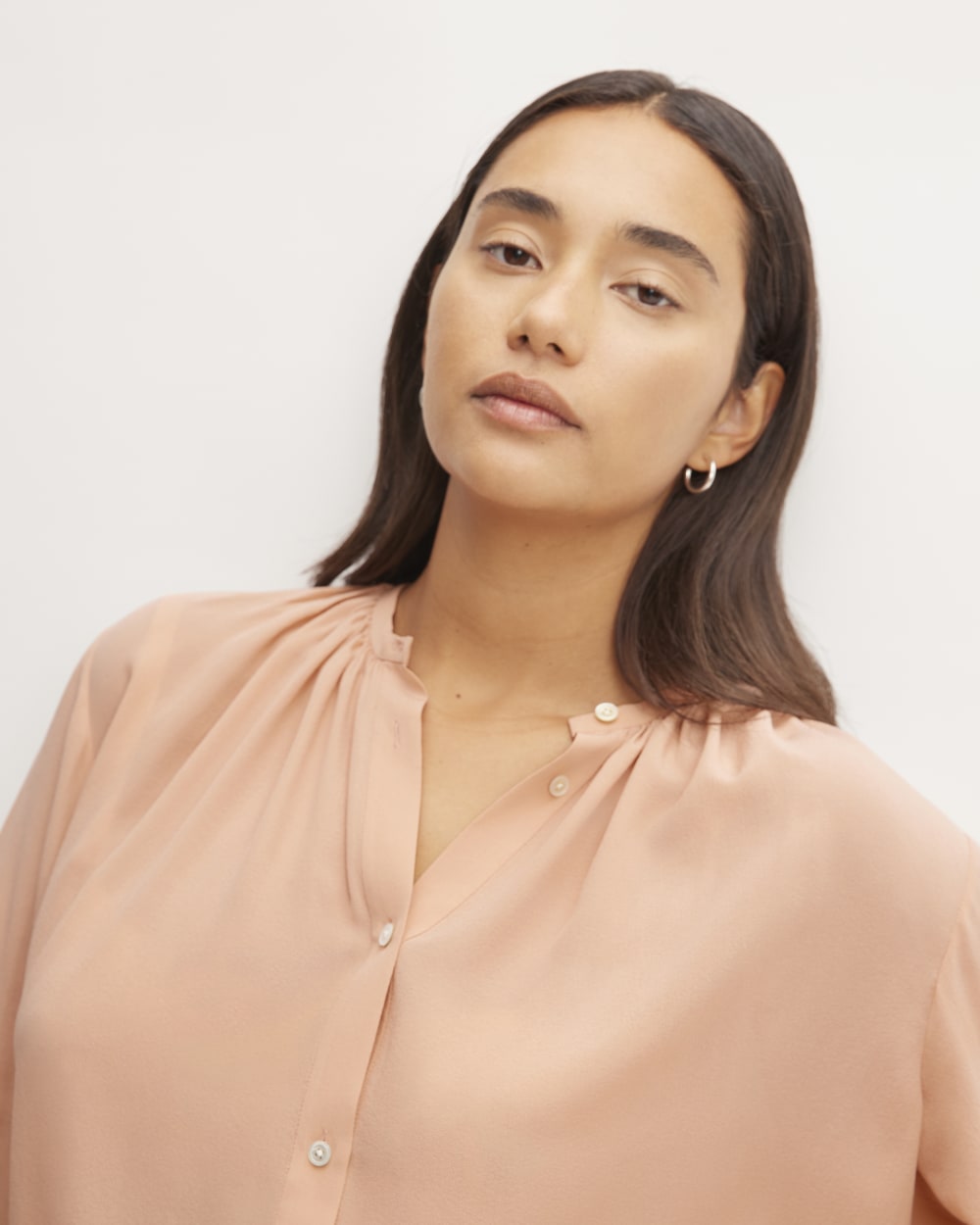 The Washable Clean Silk Shirred Blouse in Blush Pink — detail view
