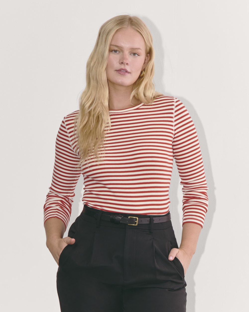 The Luxe Rib Long-Sleeve Crew in Bone / Berry Red — front view