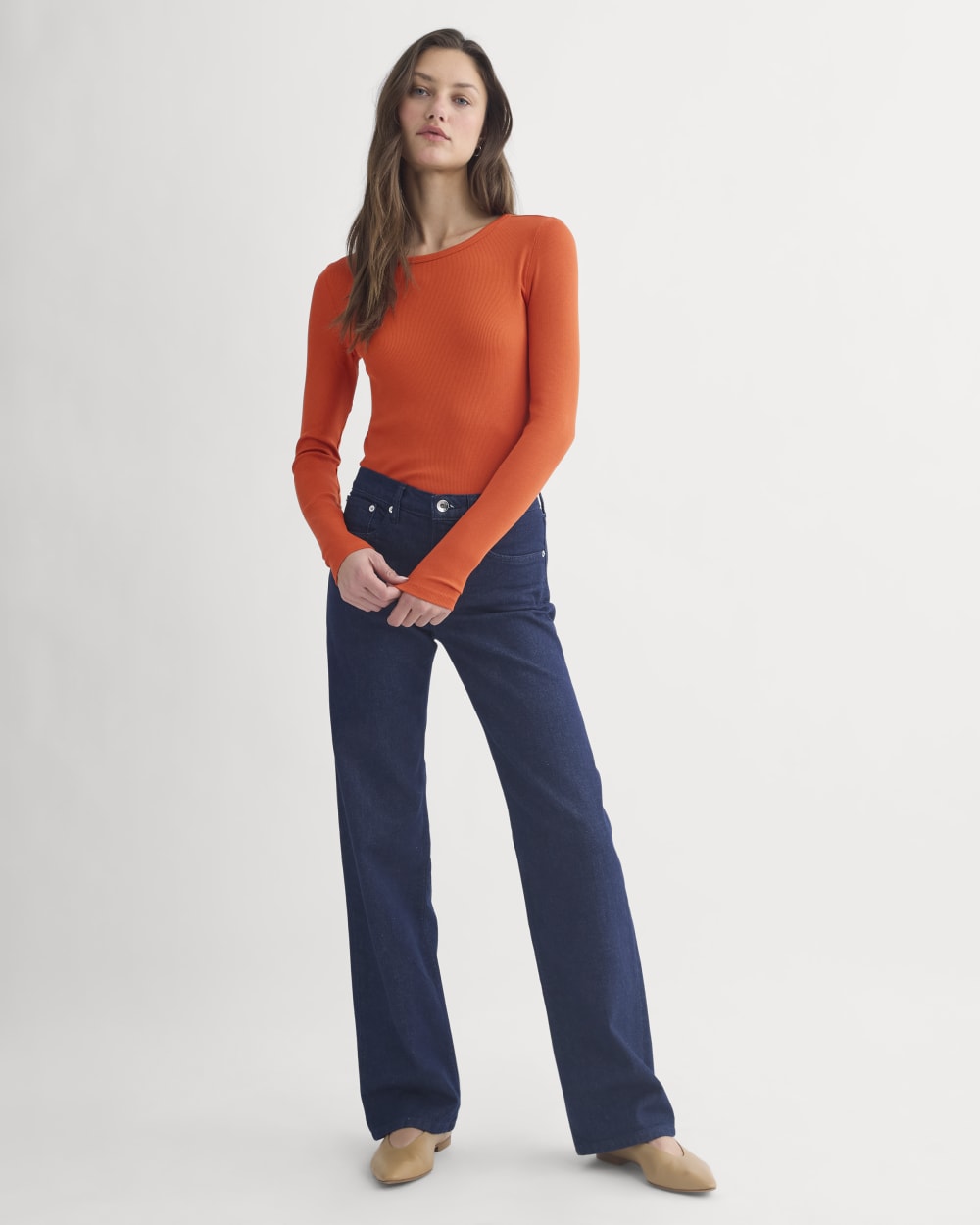 The Luxe Rib Long-Sleeve Crew in Rust — detail view