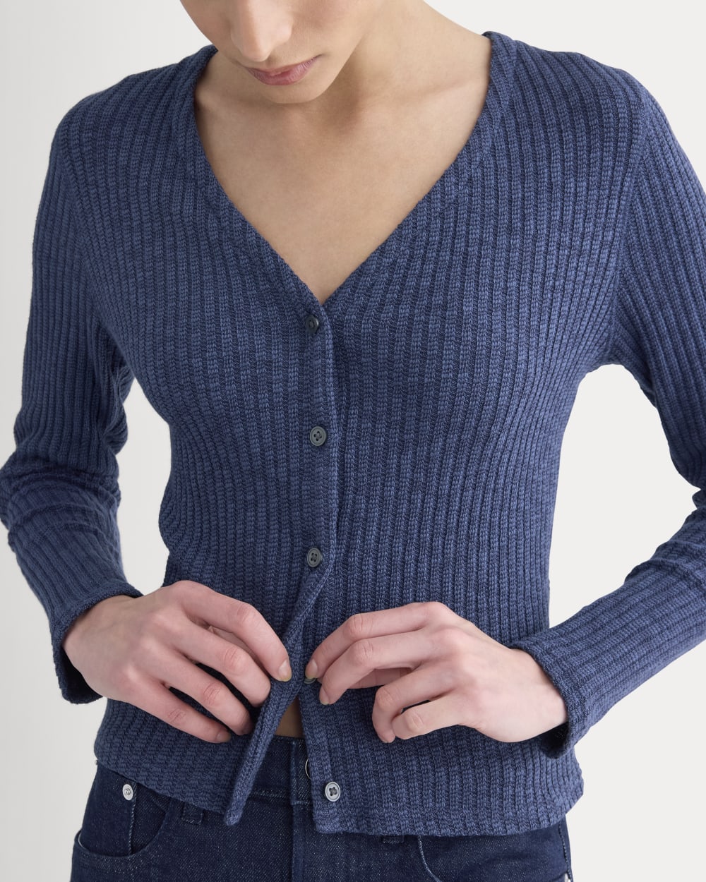 The Cozy Rib Cardigan in Mood Indigo — detail view