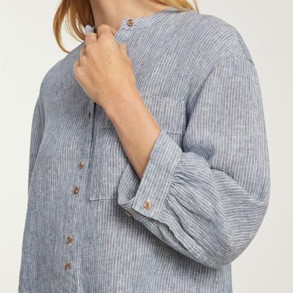 The Linen Billow Blouse in Blue Pinstripe — detail view