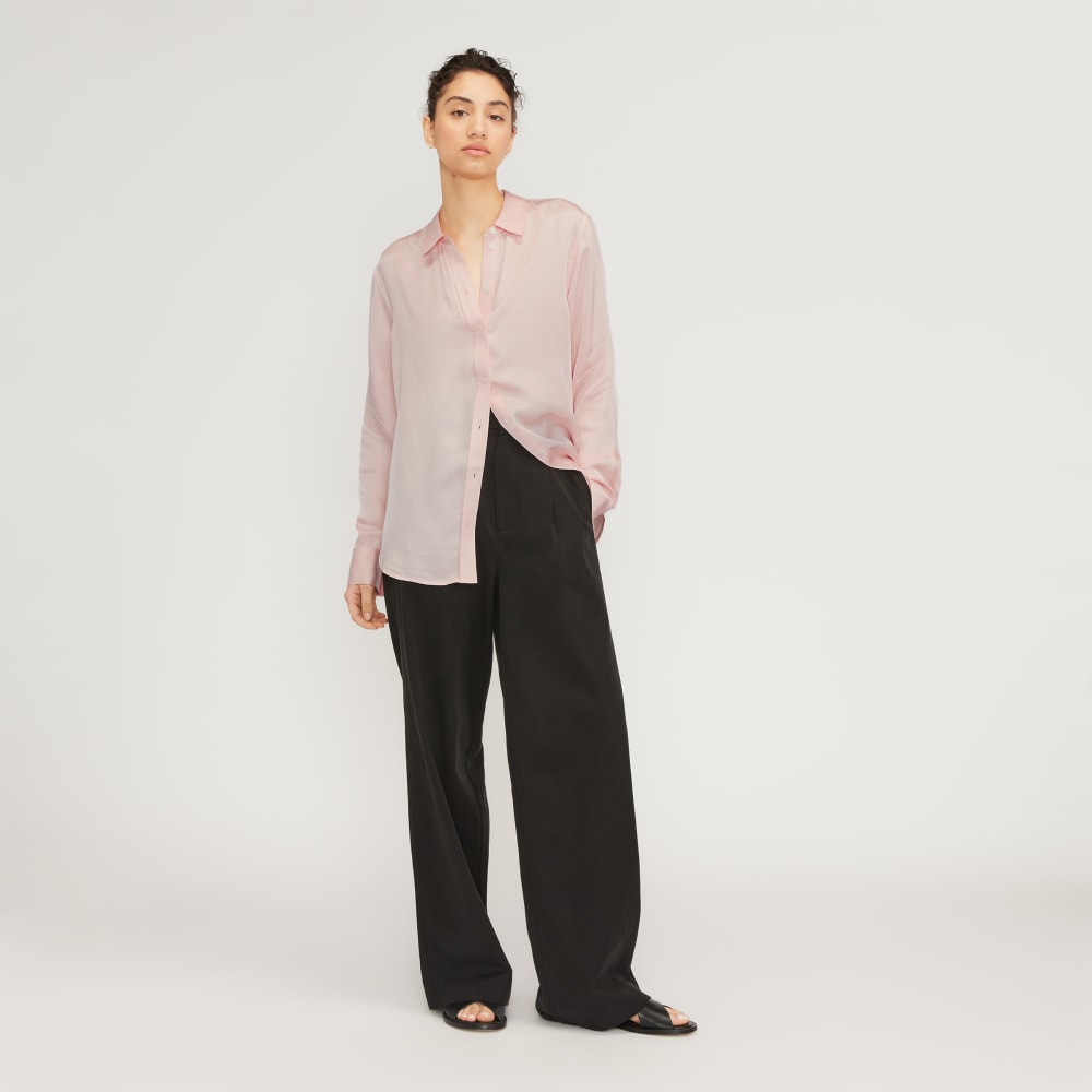 The Satin Relaxed Shirt in Petal Pink — detail view