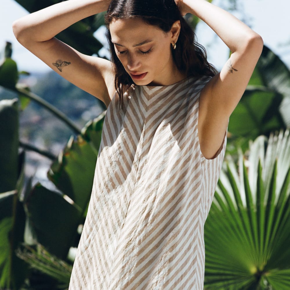 The Linen Bias Cut Dress in Bone / Caramel — detail view