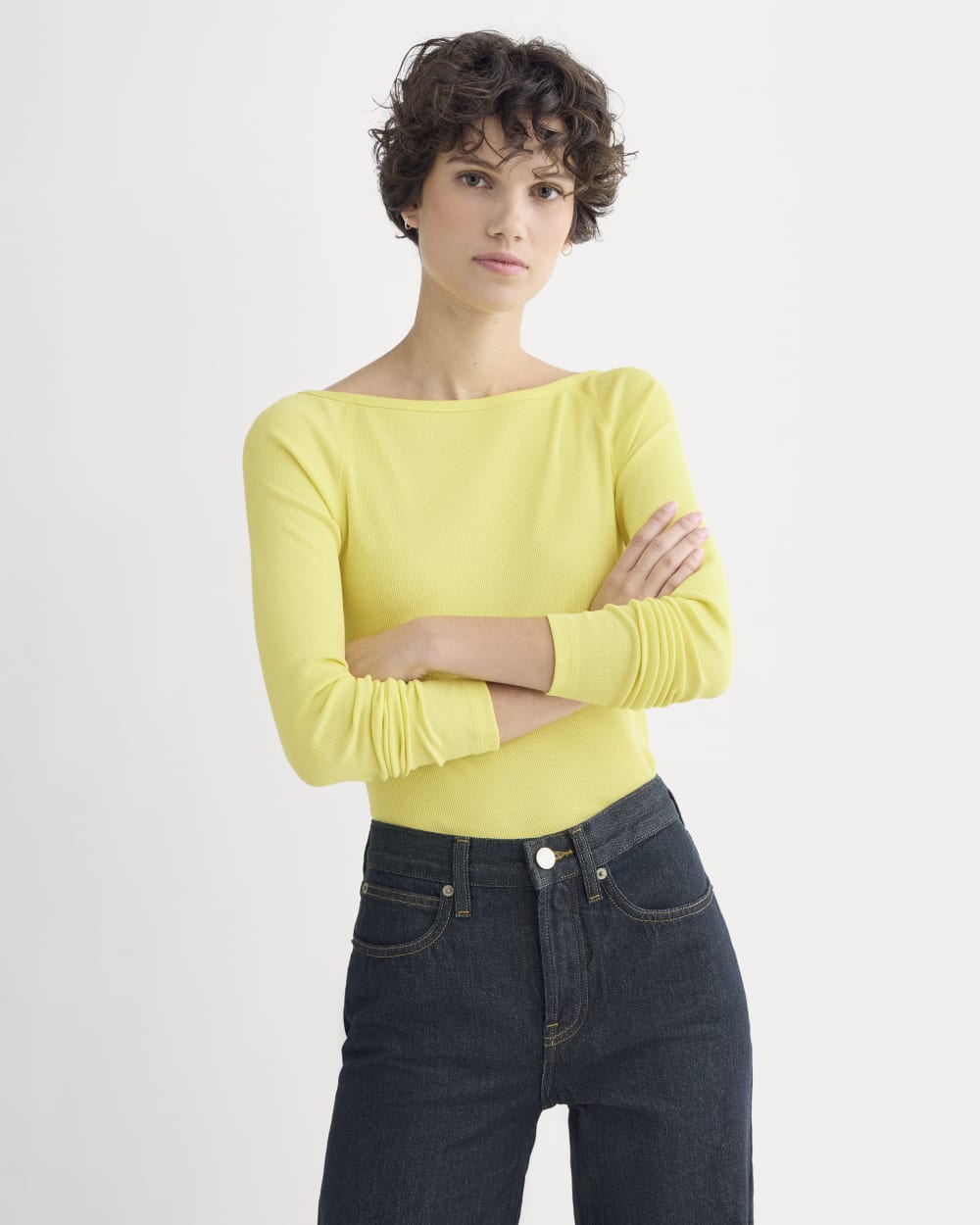 Luxe Rib Boatneck Top in Celandine — detail view