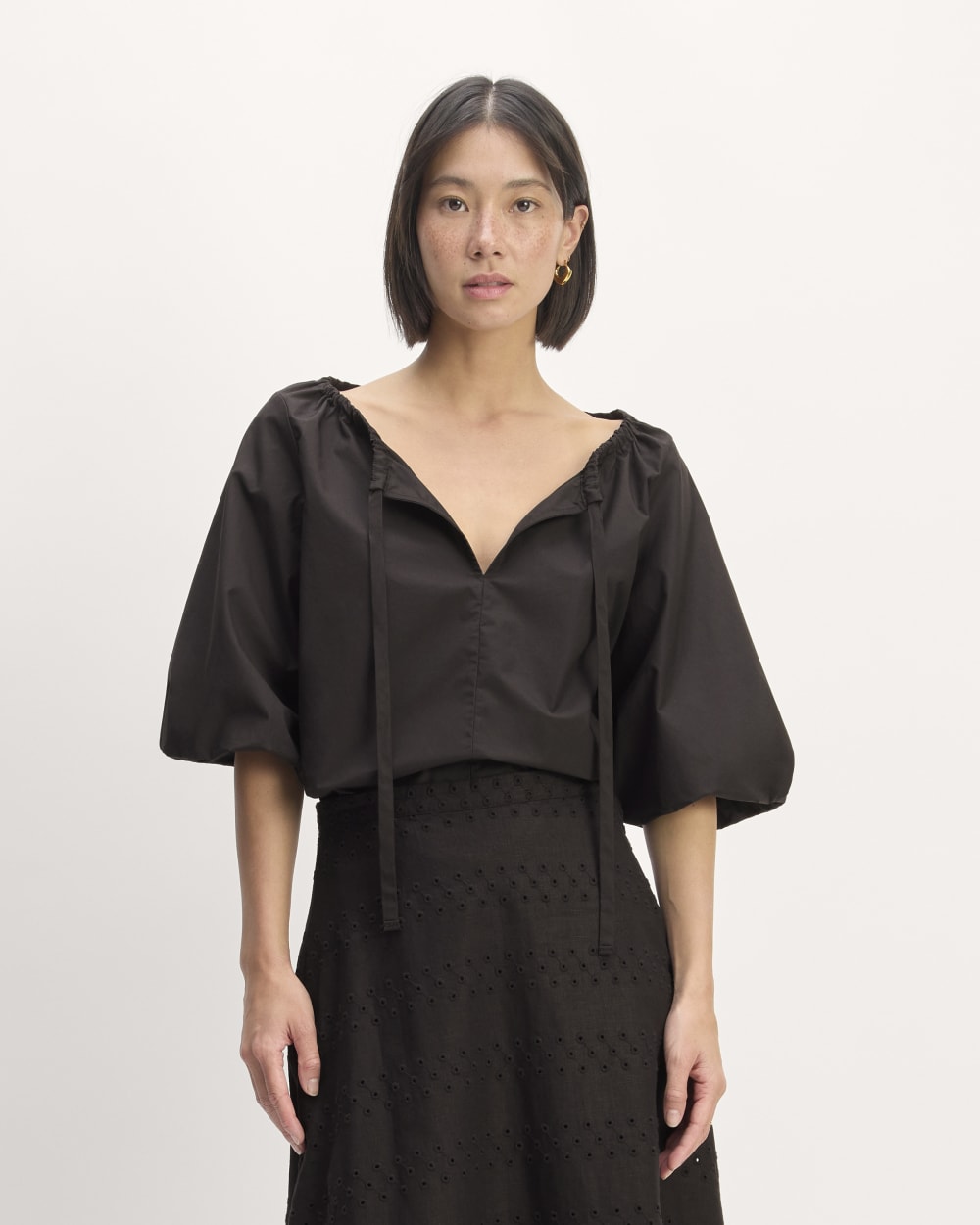 The Supima® Puff-Sleeve Top in Black — front view