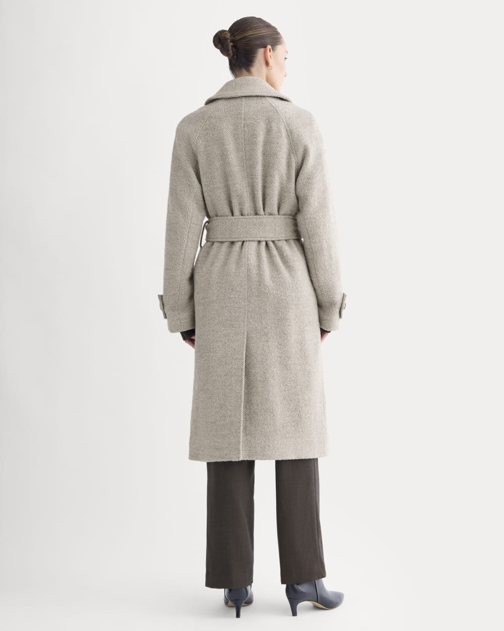 Italian Belted Overcoat in Taupe Herringbone — detail view