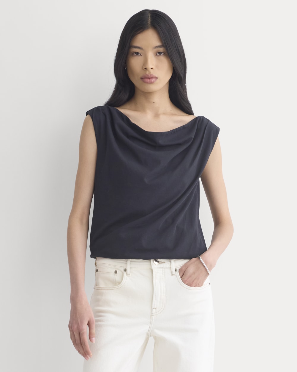 Boatneck Twisted Top in Essential Cotton in Black — detail view