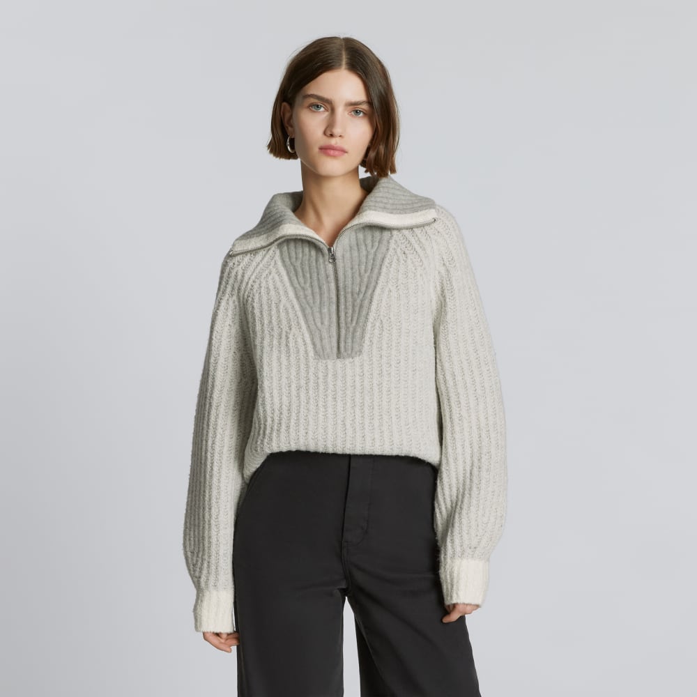 The Luxe Teddy Oversized Half Zip Sweater in Canvas Tan / Heather Grey — front view