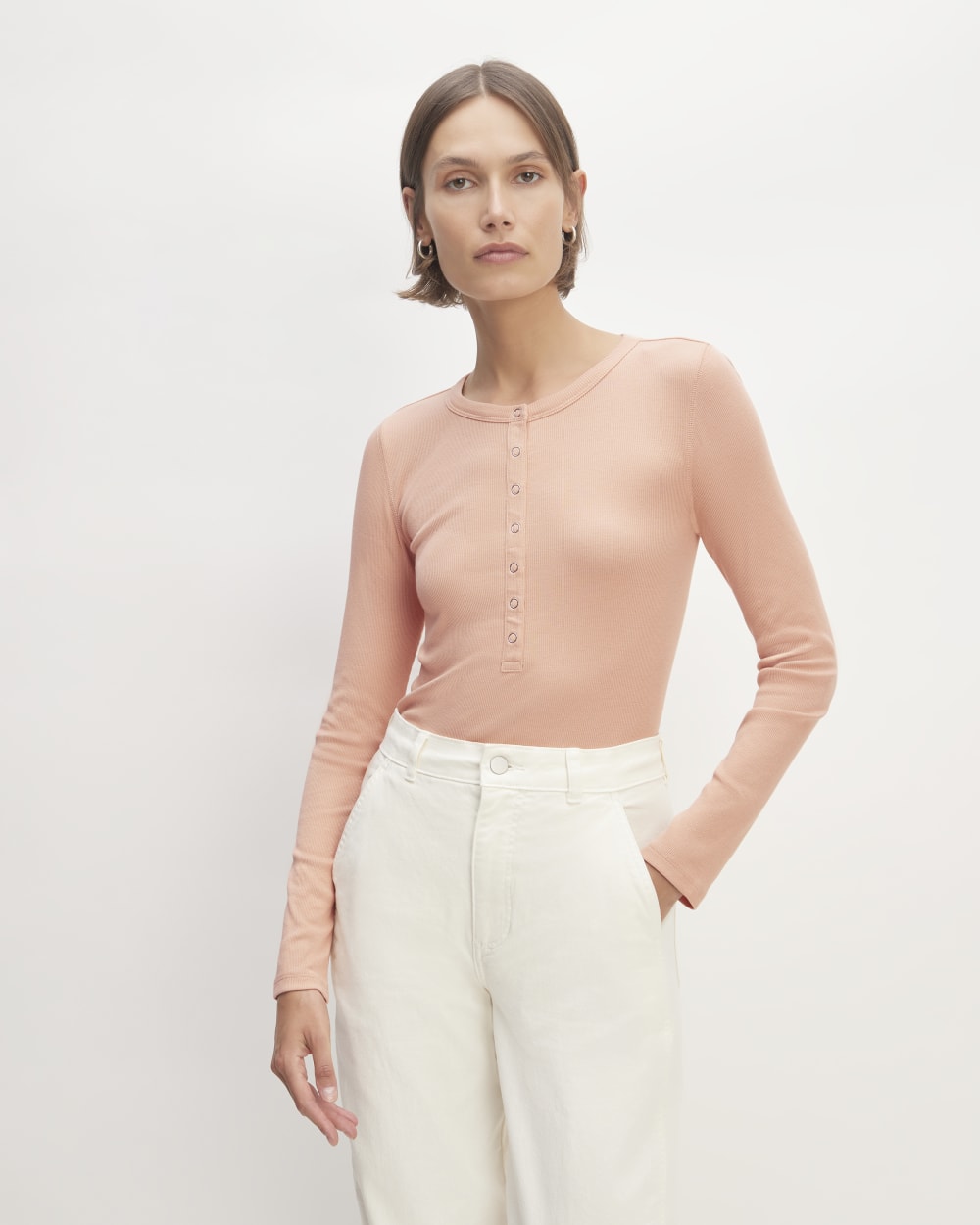 The Luxe Rib Henley in Blush Pink — front view
