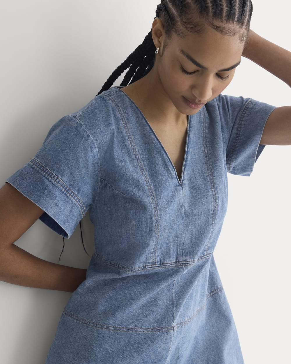 Denim Short-Sleeve Dress in Light Indigo — detail view
