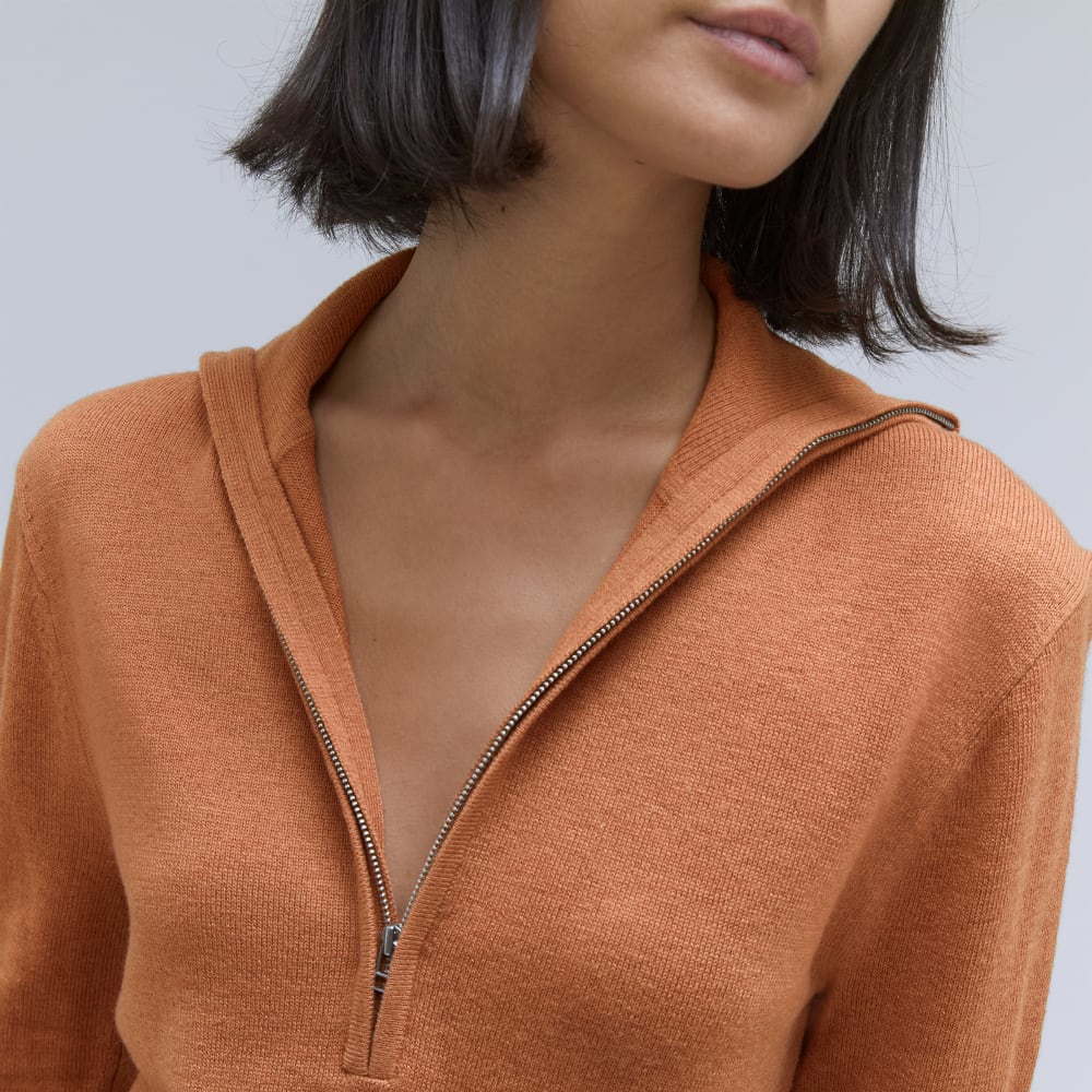 The Luxe Merino Half-Zip Sweater in Tawny Brown — detail view