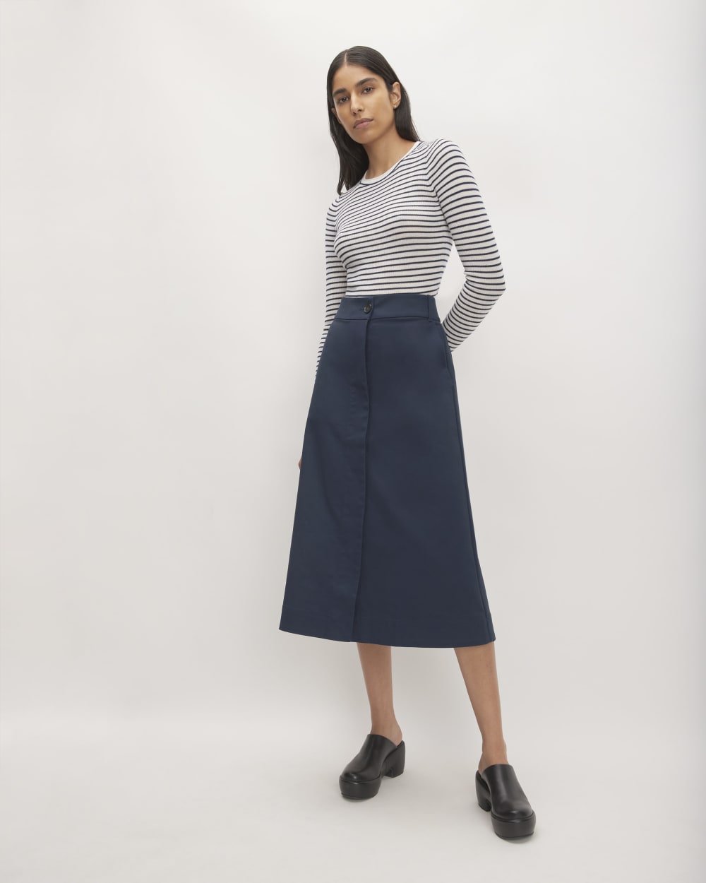 The Structured Cotton A-Line Skirt in Navy — detail view