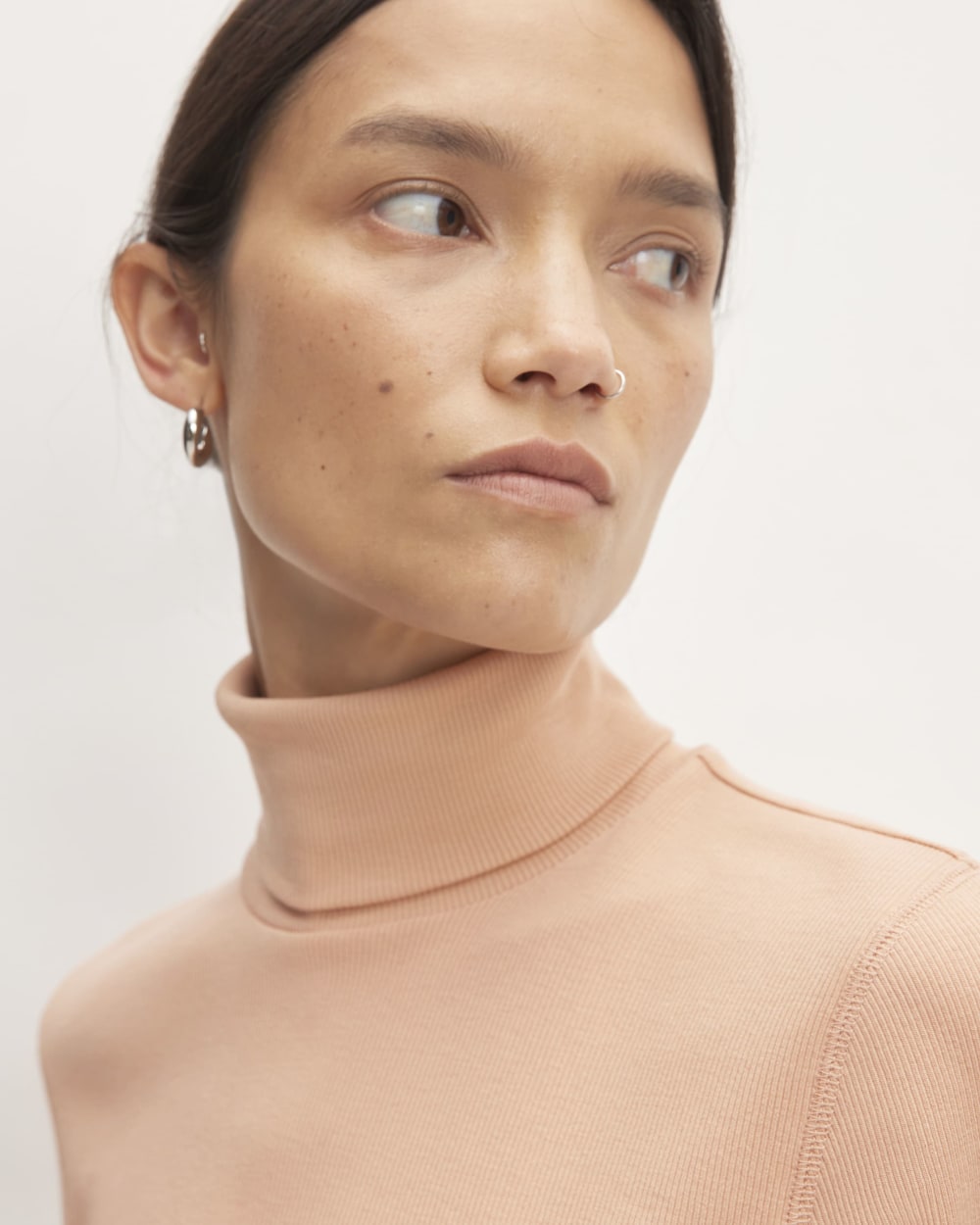 The Luxe Rib Turtleneck in Blush Pink — detail view