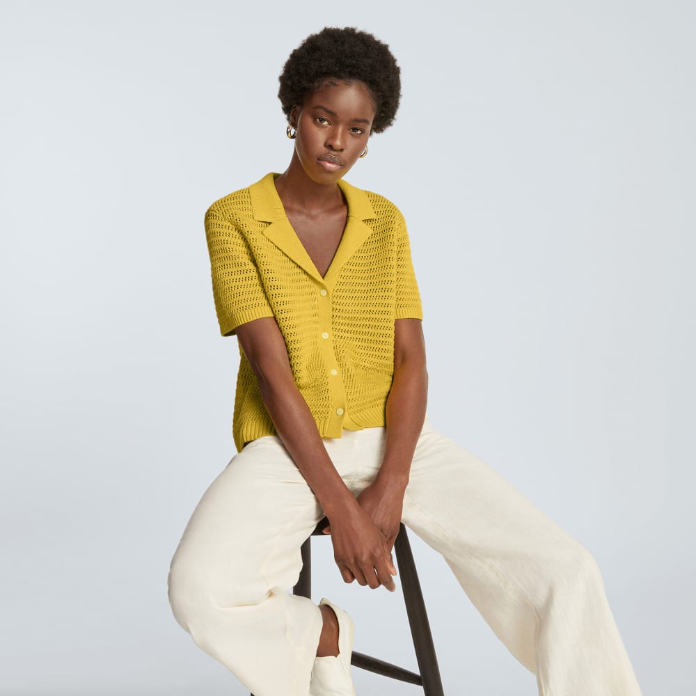 The Crochet Knit Polo in Super Lemon — detail view